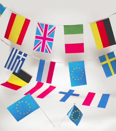 Close - Plastic or paper flag bunting and hand-waving flags (more than 60 countries are available)